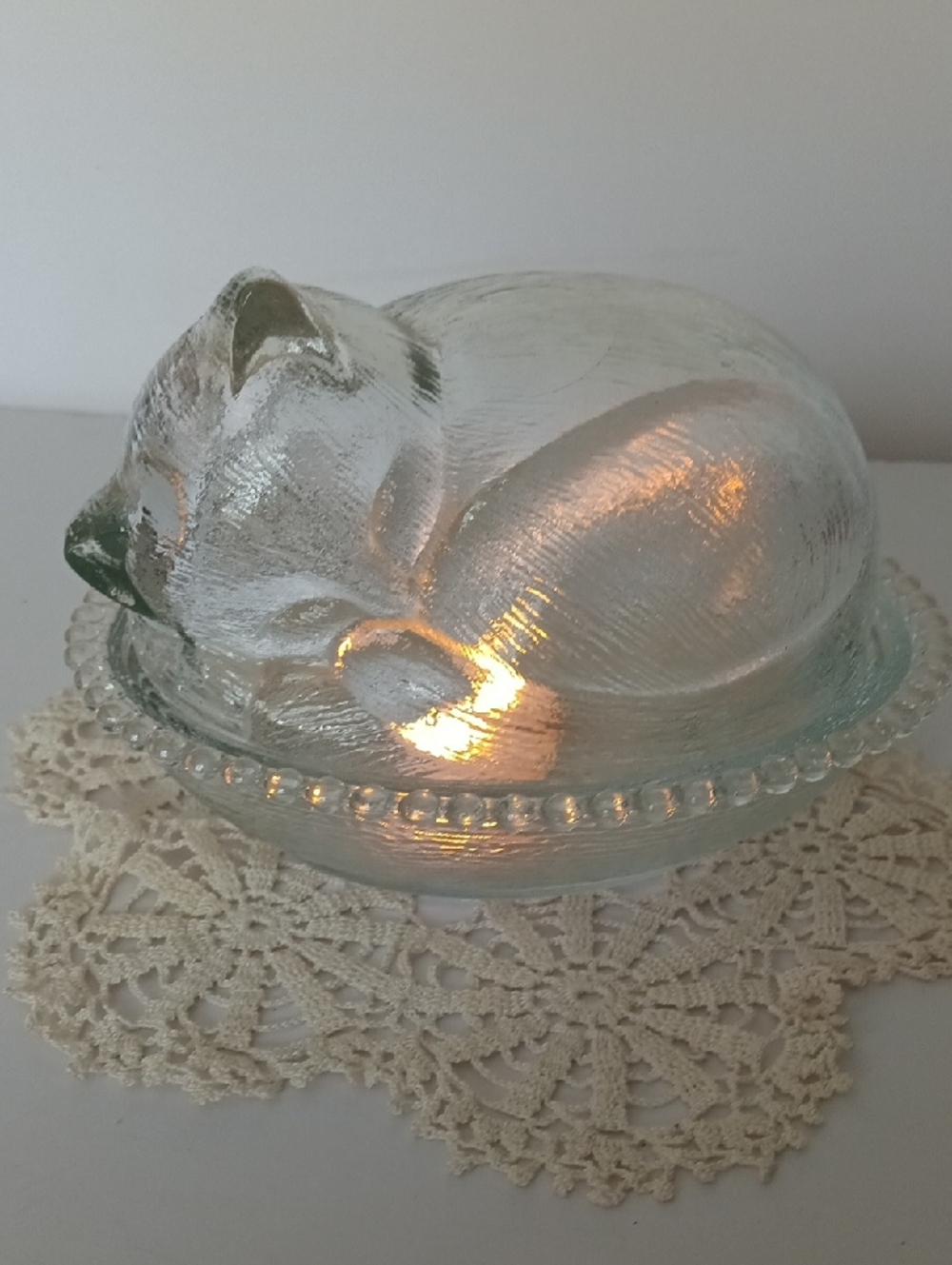 Indiana Glass Clear Glass Sleeping Cat Butter Dish